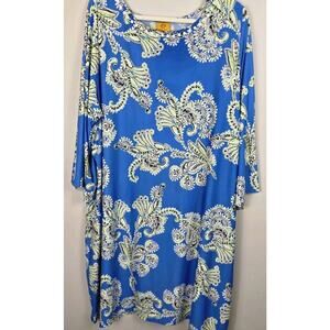 Ruby Rd. Shift Dress PLUS 3X Blue Floral Paisley Long Flare Sleeve Boho Peasant